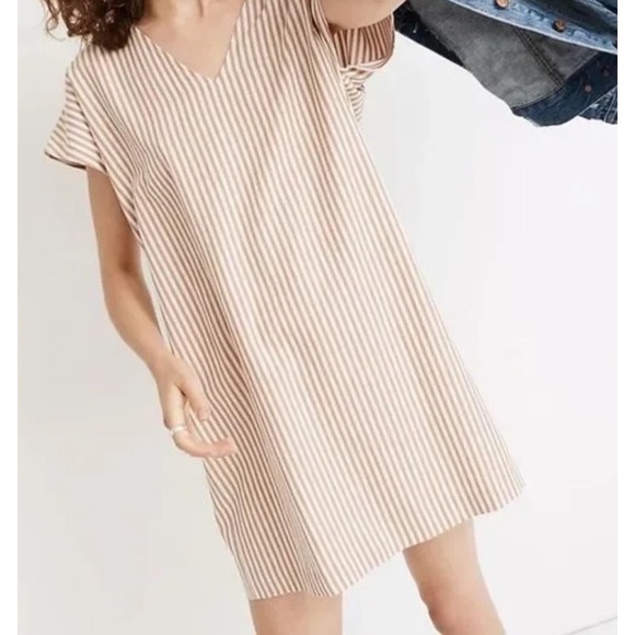 Madewell Striped V Neck Short Sleeve Button Back Casual Mid Dress Women's Size M - Picture 2 of 8